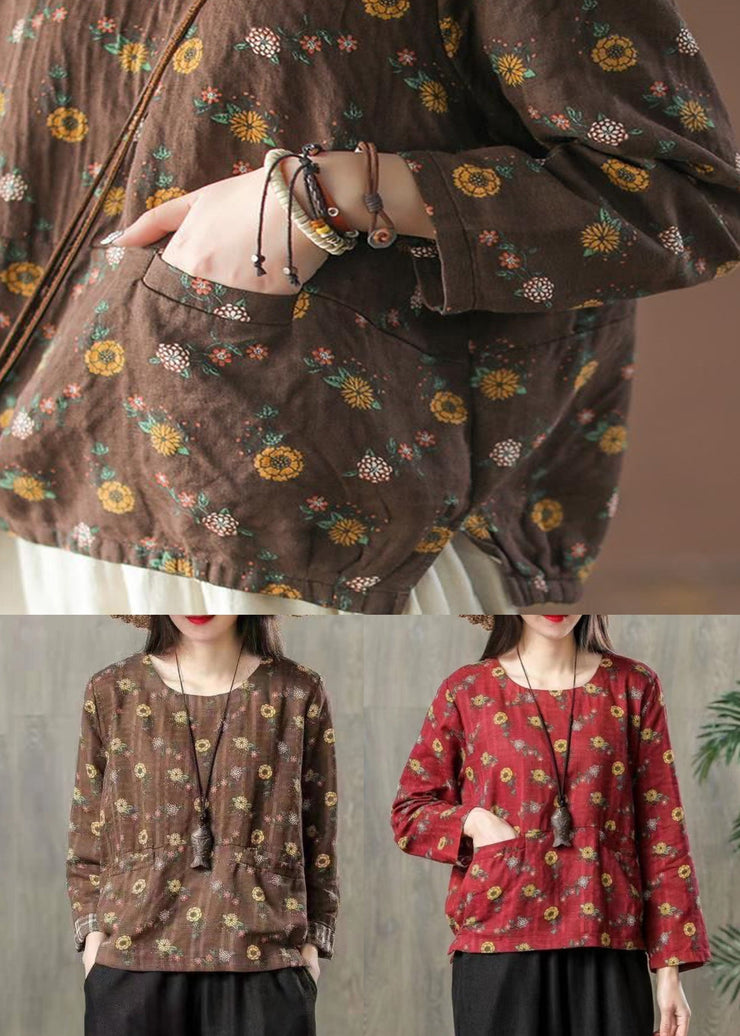 Coffee Print Pockets Patchwork Cotton T Shirts O Neck Fall