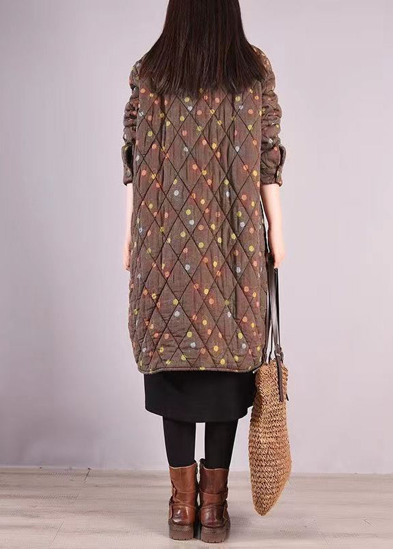 Coffee Print Pockets Patchwork Fine Cotton Filled Coats Stand Collar Winter