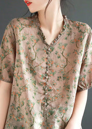 Coffee Print Ruffled Linen Shirt Summer