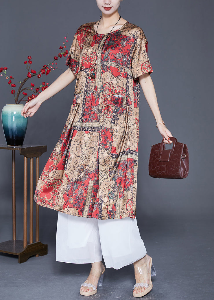 Coffee Print Silk Long Dresses Oversized Draping Summer