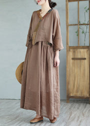 Coffee Print Tie Waist Linen Women Linen Top And Maxi Skirts Half Sleeve