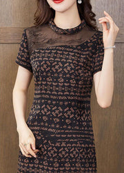 Coffee Side Open Silk Dresses Peter Pan Collar Short Sleeve