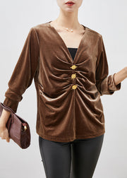 Coffee Silm Fit Silk Velour Shirt Top V Neck Wrinkled Spring