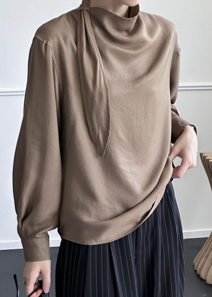 Coffee Solid Cotton Shirt Asymmetrical Fall