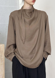 Coffee Solid Cotton Shirt Asymmetrical Fall