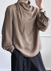 Coffee Solid Cotton Shirt Asymmetrical Fall