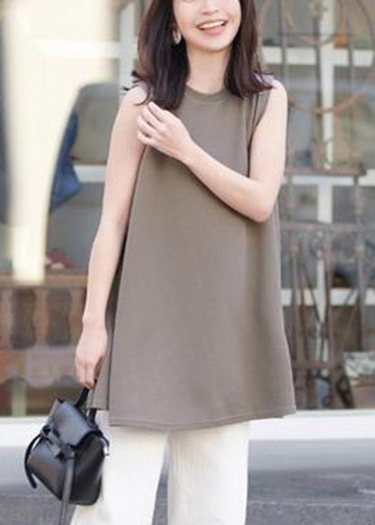 Coffee Solid Cotton T Shirt Sleeveless