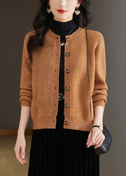 Coffee Solid Cozy Knit Fall Cardigans O Neck