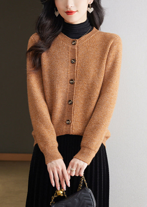 Coffee Solid Cozy Knit Fall Cardigans O Neck