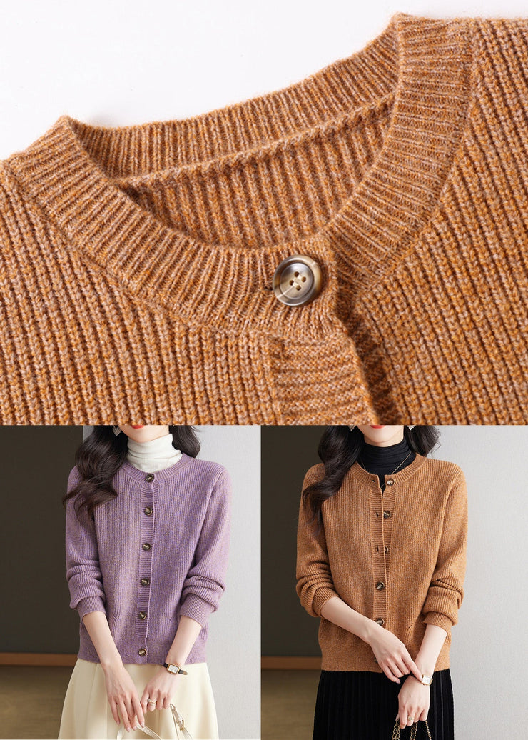 Coffee Solid Cozy Knit Fall Cardigans O Neck