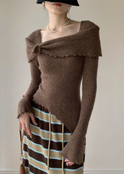 Coffee Solid Knitting Cotton Sweater Square Collar Flare Sleeve