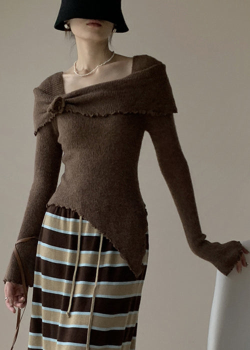 Coffee Solid Knitting Cotton Sweater Square Collar Flare Sleeve