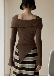 Coffee Solid Knitting Cotton Sweater Square Collar Flare Sleeve