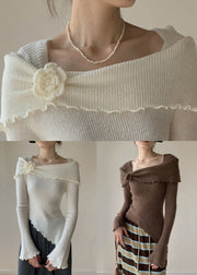 Coffee Solid Knitting Cotton Sweater Square Collar Flare Sleeve