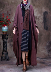 Chocolate Solid Linen Trench Coat V Neck Handmade Floral Long Sleeve