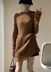 Coffee Solid Loose Knit Sweater Mid Dress O-Neck Fall