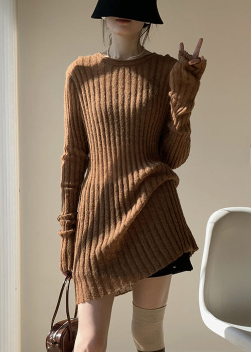 Coffee Solid Loose Knit Sweater Mid Dress O-Neck Spring