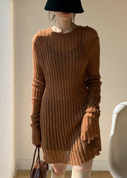 Coffee Solid Loose Knit Sweater Mid Dress O-Neck Spring