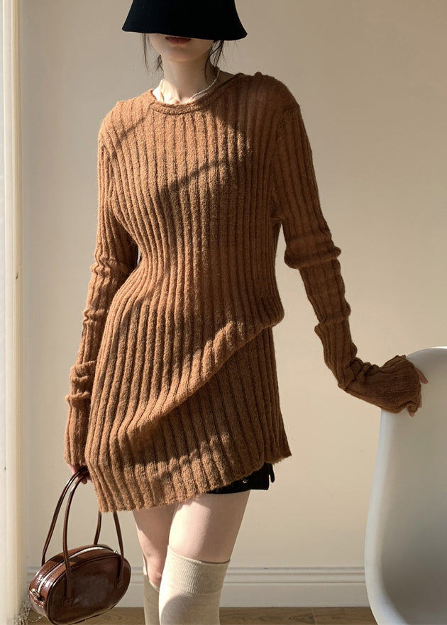 Coffee Solid Loose Knit Sweater Mid Dress O-Neck Spring