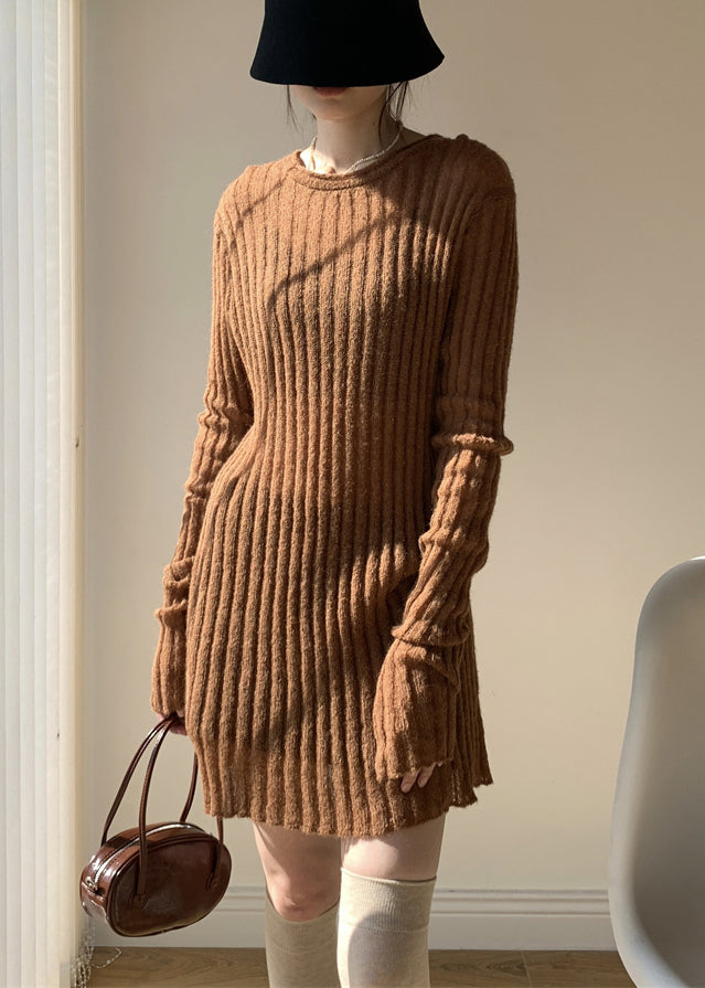 Coffee Solid Loose Knit Sweater Mid Dress O-Neck Spring