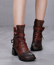 Coffee Splicing Handmade Cowhide Leather Chunky Boots