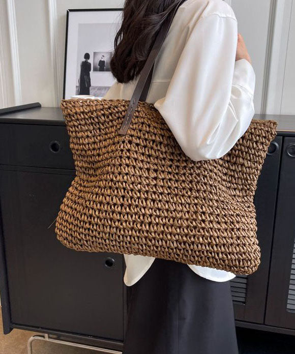 Coffee Straw Woven Satchel Bag Handbagdbag Patchwork Zip Up