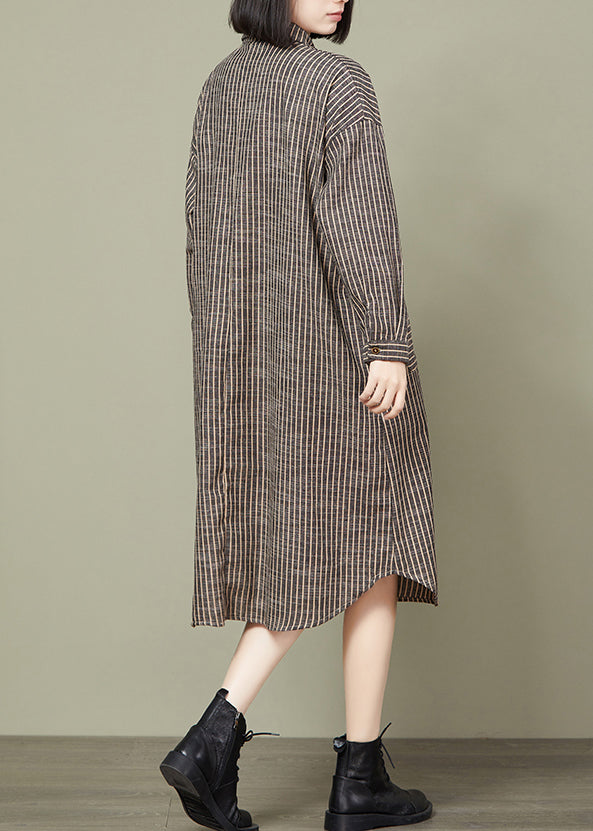 Coffee Stripe Cotton Blouses Dresses Peter Pan Collar Fall