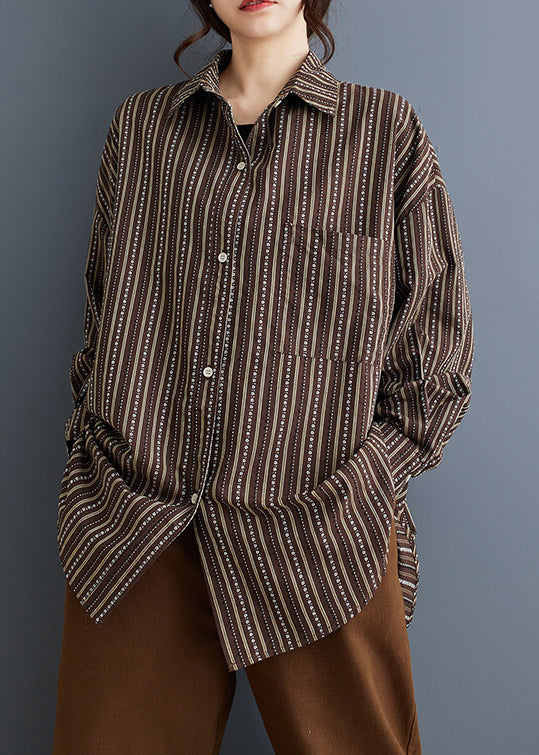 Coffee Striped Cotton Shirt Peter Pan Collar Button Spring