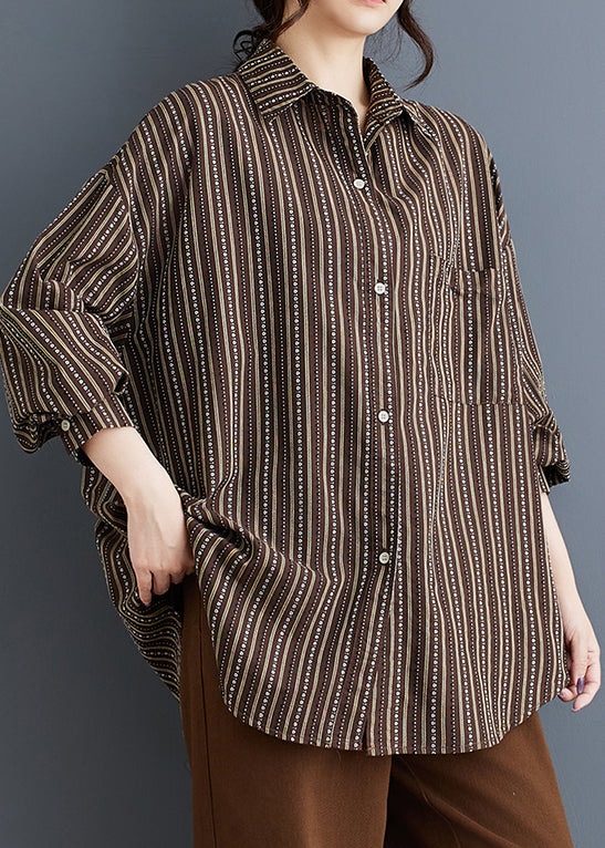 Coffee Striped Cotton Shirt Peter Pan Collar Button Spring