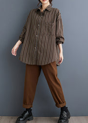 Coffee Striped Cotton Shirt Peter Pan Collar Button Spring