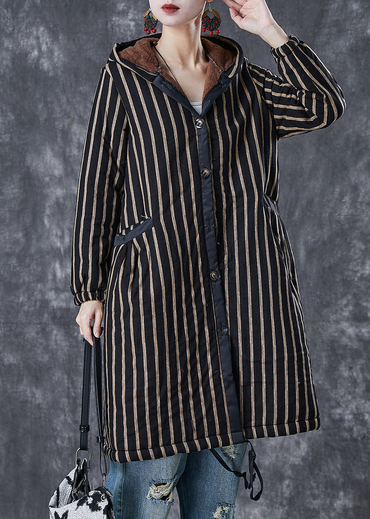 Coffee Striped Warm Fleece Coats Hooded Winter