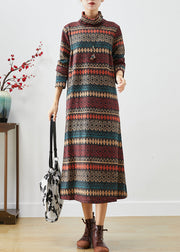 Coffee Striped Warm Fleece Long Dress Turtle Neck Winter