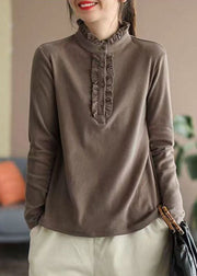 Chocolate Thick Cotton Tops Ruffled Slim Fit Spring