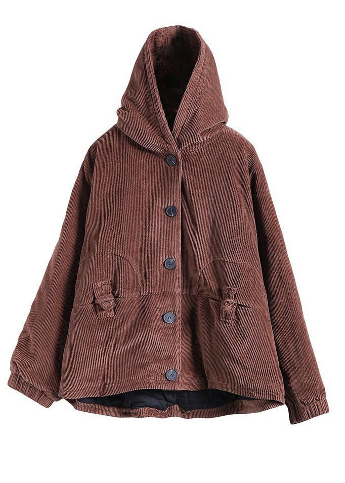 Chocolate Thick Fine Cotton Filled Corduroy Hooded Coat Winter