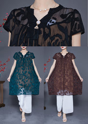 Coffee Tulle Holiday Dress V Neck Embroideried Summer