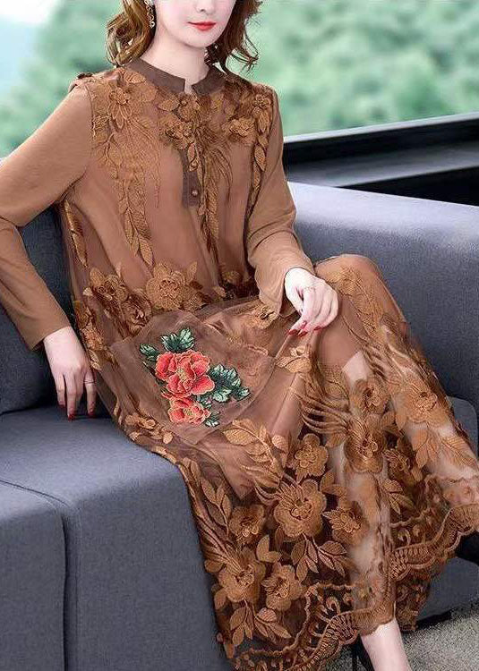 Chocolate Tulle Maxi Dress O-Neck Embroideried Spring