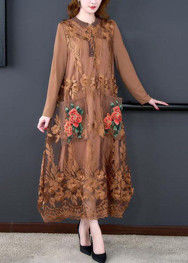 Chocolate Tulle Maxi Dress O-Neck Embroideried Spring