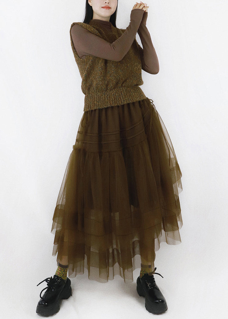 Chocolate V Neck Drawstring Tulle Patchwork Knit Long Dress Fall