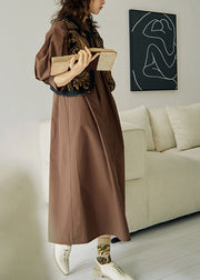 Coffee Wrinkled Cotton Long Dress Lantern Sleeve