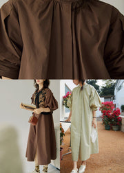 Coffee Wrinkled Cotton Long Dress Lantern Sleeve