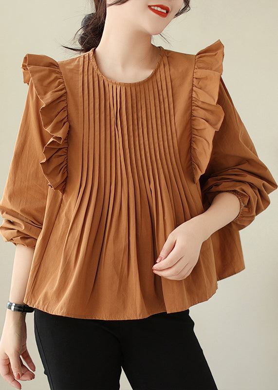 Coffee Wrinkled Patchwork Cotton Blouse O Neck Spring