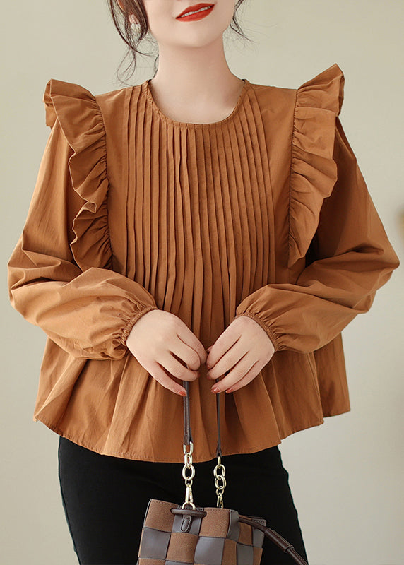 Coffee Wrinkled Patchwork Cotton Blouse O Neck Spring