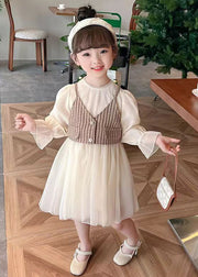 Coffee Wrinkled Tulle Girls Two Pieces Set O Neck Long Sleeve
