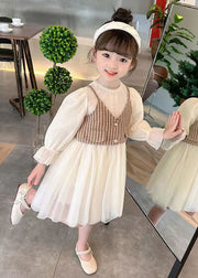 Coffee Wrinkled Tulle Girls Two Pieces Set O Neck Long Sleeve