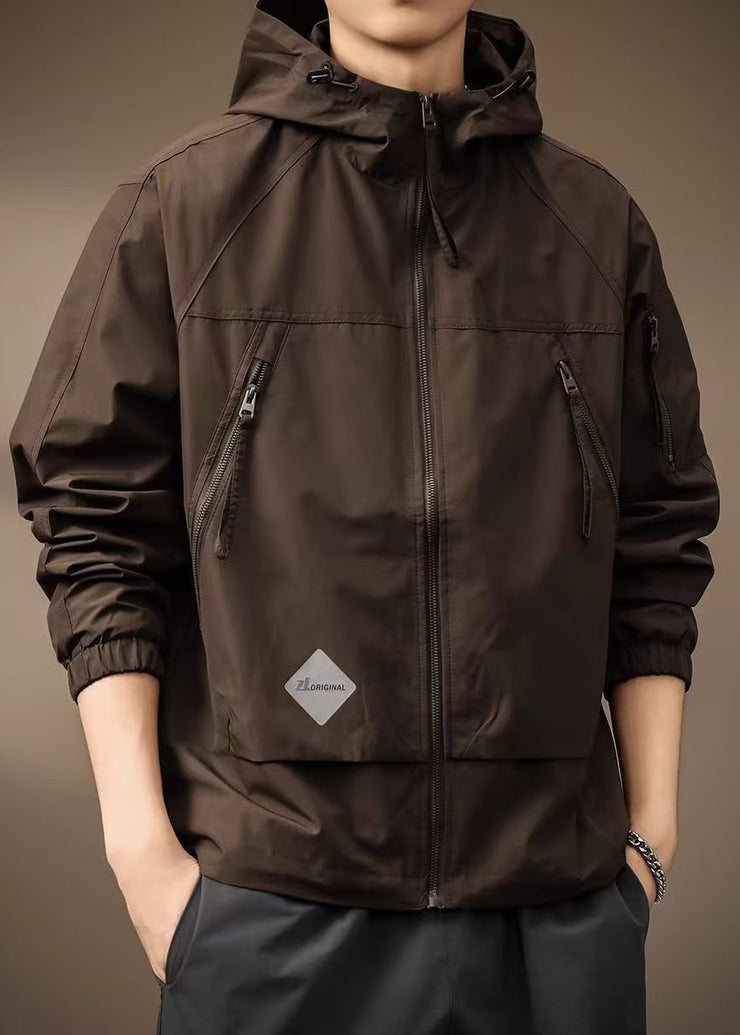 Coffee Zippered Drawstring Cotton Mens Coats Hooded Spring