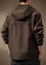 Coffee Zippered Drawstring Cotton Mens Coats Hooded Spring