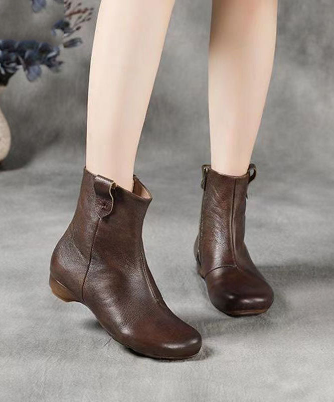 Coffee Zippered Splicing Comfortable Cowhide Leather Wedge Boots