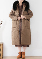 Chocolate Zippered Thick Hooded Maxi Parka Winter