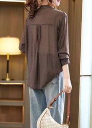 Coffee Zircon Patchwork Loose Chiffon Shirts Top V Neck Fall