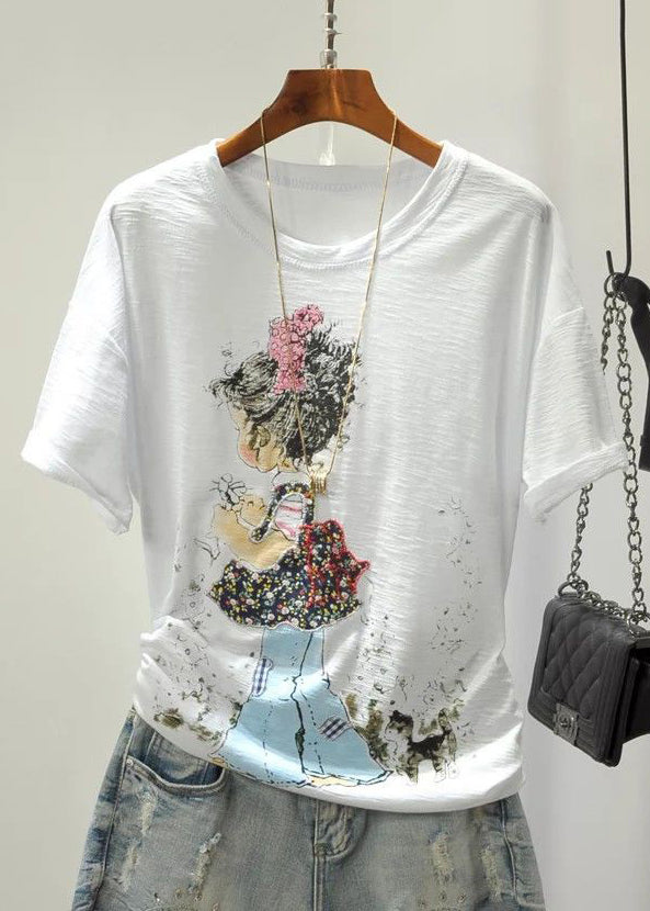 Colorblock Cartoon Print Cotton Top O Neck Short Sleeve